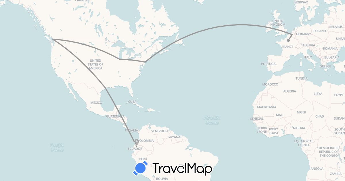 TravelMap itinerary: plane, train in Belgium, Canada, Ecuador, France, United States (Europe, North America, South America)